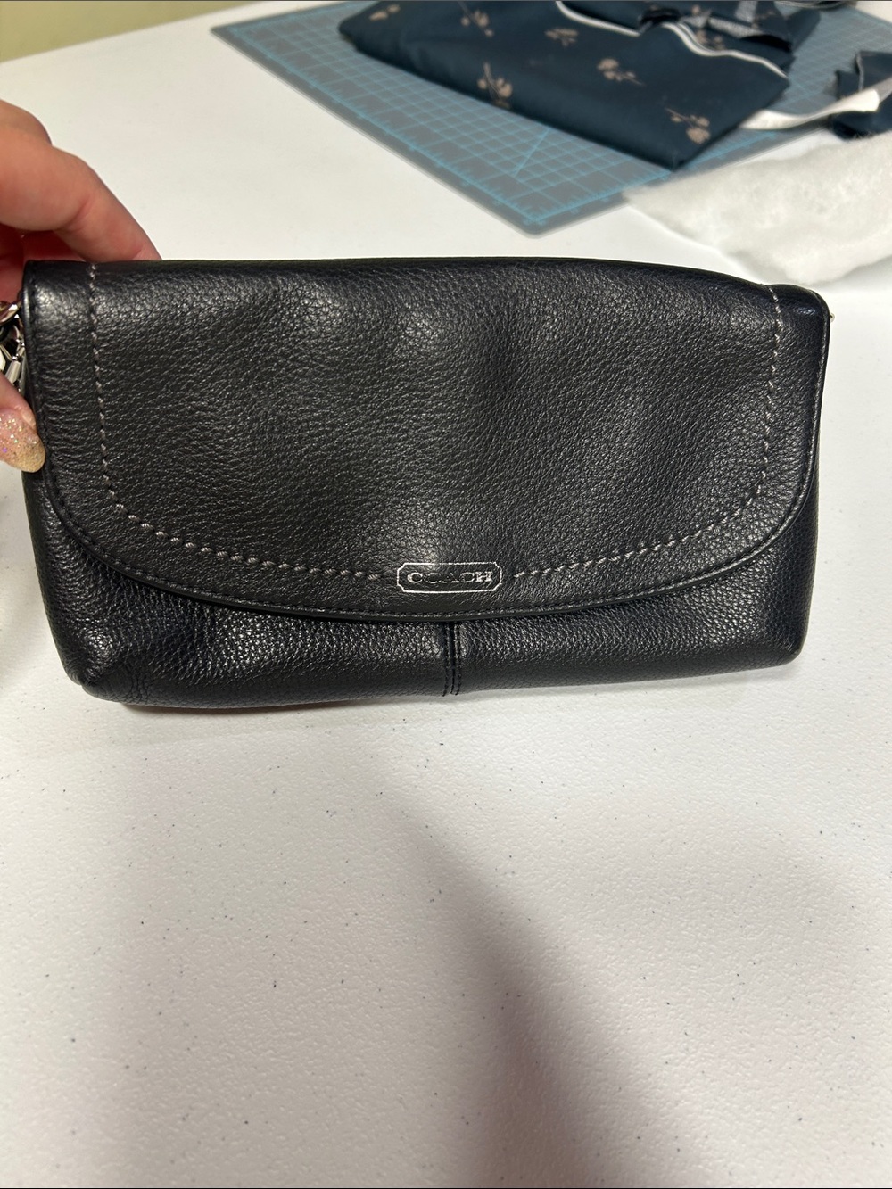 Coach Black Pebbled Leather Fold-Over Wristlet Clutch